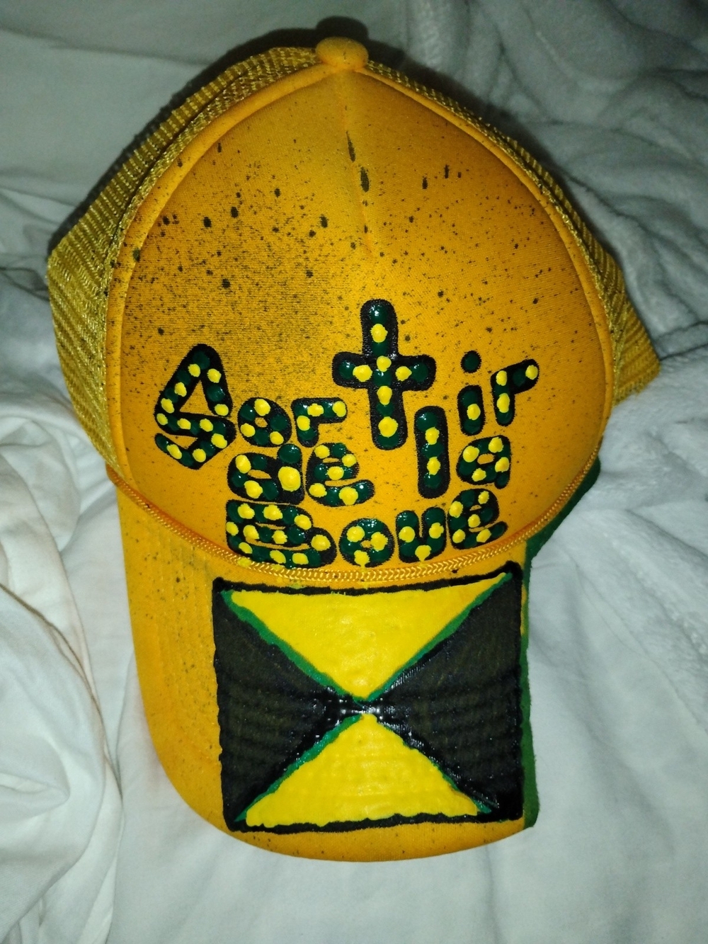 Yellow Trucker Hat with Jamaican Flag and Painted Text